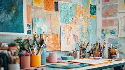 Creative workspace with a colorful bulletin board  art supplies  