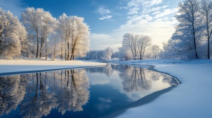 Stunning winter landscape featuring gorgeous reflections on tranquil water surface
