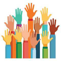 Obraz premium Hands of various skin tones reach upward representing unity and diversity in a collaborative effort among individuals in a bright setting