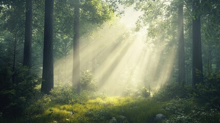 Obraz premium Peaceful forest scene with sunlight filtering through 