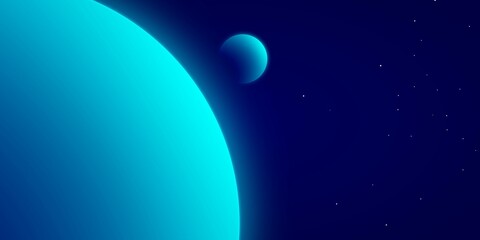 Abstract futuristic space background with glowing blue lights. Blue planets in dark blue sky. Design for web banner, website template © iOktavDesign