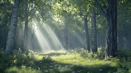 Obraz premium Peaceful forest scene with sunlight filtering through 