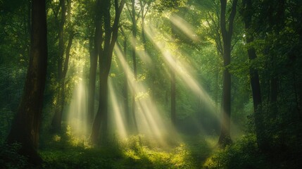 Peaceful forest scene with sunlight filtering through 