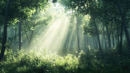 Peaceful forest scene with sunlight filtering through 