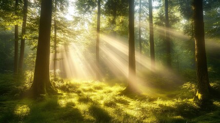 Obraz premium Peaceful forest scene with sunlight filtering through 