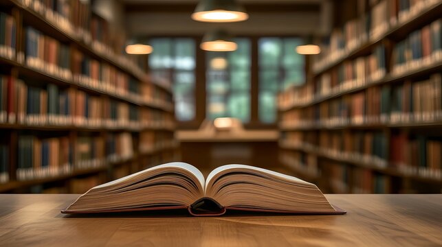The background of a bright public library room features blurry bookshelves, a stack of books, and an open book on the desk. 