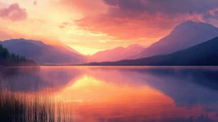 Fototapeta premium Sunset over a tranquil lake with mountains in the background warm colors and soft reflections