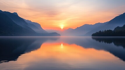 Obraz premium Sunset over a tranquil lake with mountains in the background warm colors and soft reflections
