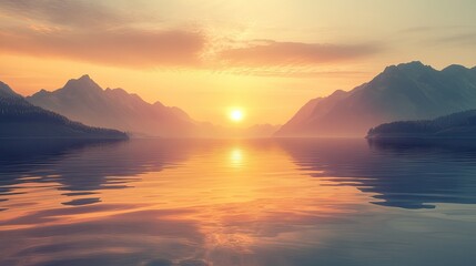 Fototapeta premium Sunset over a tranquil lake with mountains in the background warm colors and soft reflections