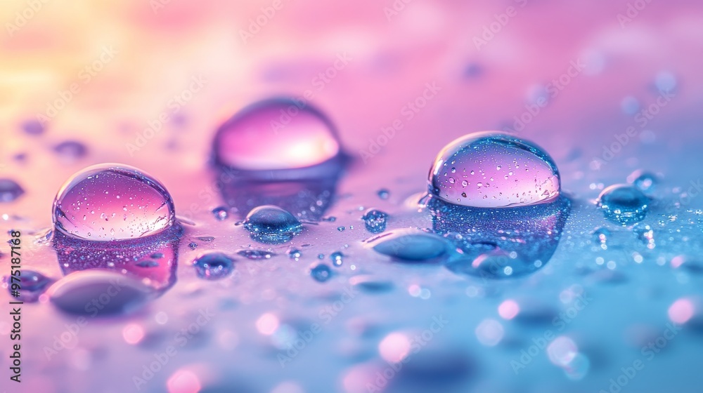 Poster close-up of colorful water droplets on illuminated surface, abstract art concept