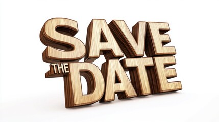 Stylish wooden text 'Save the Date' on a white background, perfect for wedding invitations and event planning.