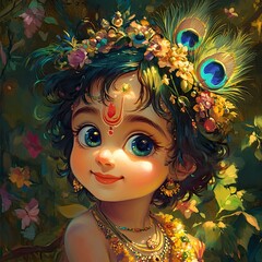 Enchanting Child with Peacock Feathers and Floral Crown