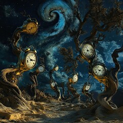 Surreal Landscape with Clocks in a Cosmic Setting