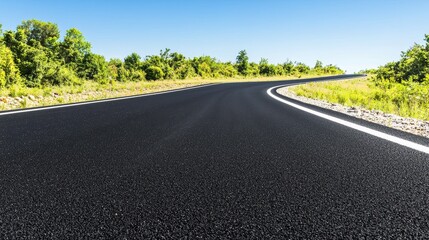 Fototapeta premium Empty Winding Asphalt Road with White Line in Green Landscape