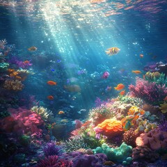 Fototapeta premium Vibrant Underwater Coral Reef with Sunlight Beams