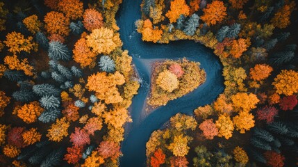 vibrant, landscape, foliage, autumn, trees, river, leaves, aerial, forest, winding, beauty, water, yellow, colorful, view, seasonal, woodland, peaceful, nature, tranquil, green, red, natural, panorama