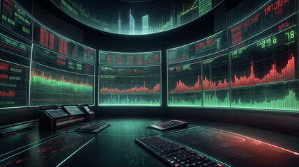 A futuristic control room with holographic screens displaying data and analytics, creating a high-tech, immersive, and dynamic atmosphere.