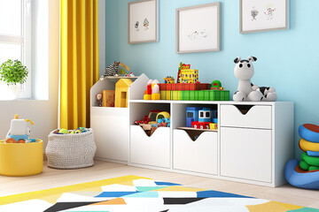 a child's bedroom neatly organized with neat toy storage