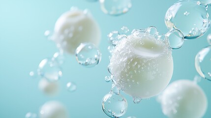 Abstract close-up of white spheres and bubbles against a light blue background, resembling a science or microscopic concept.