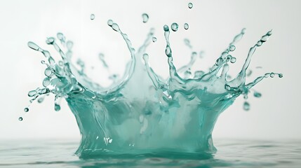55. **An artistic 3D depiction of a water splash in varying shades of teal and aqua, with droplets, set against a pristine white background