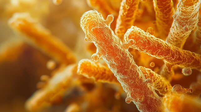 Close-up of intricate orange fungal growth, showcasing detailed textures and patterns under a microscope.