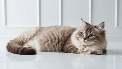 A white cat with thick fur is relaxing.