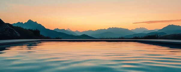 Mountain view from infinity pool at sunset, panoramic tranquility. Travel and relaxation concept