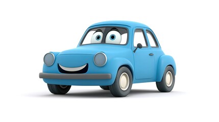 Fototapeta premium A cute blue car with eyes and mouth, simple flat cartoon style, white background 
