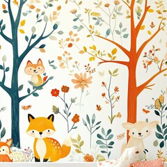 Colorful Woodland Animals and Floral Wall Art for Kids