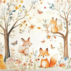 Whimsical Fox Forest Illustration with Trees and Wildlife