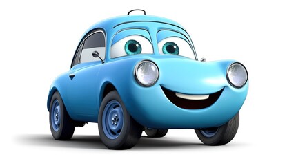 A cute blue car with eyes and mouth, simple flat cartoon style, white background
