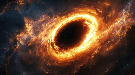 Fototapeta premium A black hole at the center of space, swirling cosmic dust and gas around it, vibrant orange and yellow colors, dramatic lighting