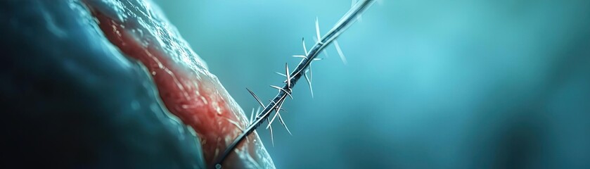 A close-up of a needle piercing through skin, showcasing fine details of texture and color in a dramatic, abstract presentation.