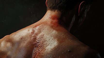 Naklejka premium Close-up of a man's back showcasing skin texture and scars, highlighting human vulnerability and strength.