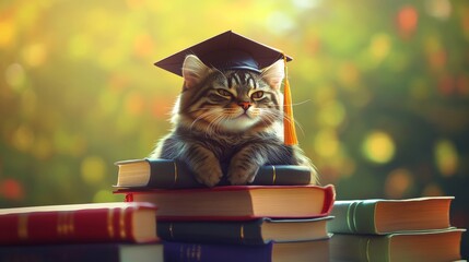 Cat wearing graduation cap sitting on books, colorful background. Academic achievement and education concept
