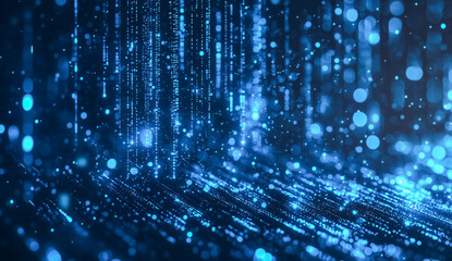 Abstract digital wave of particles and light streams, soft blue glow with flowing movement