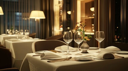 Chic restaurant interior with stylish furniture  elegant table settings 