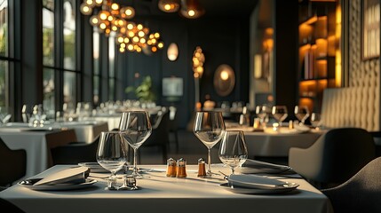 Chic restaurant interior with stylish furniture  elegant table settings 