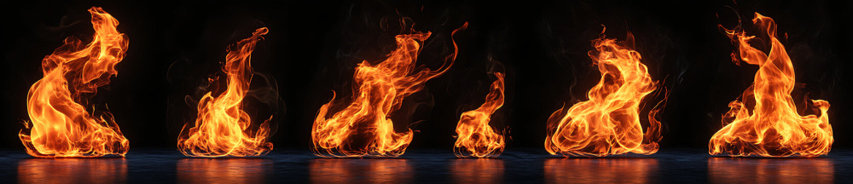 A sprite sheet of fire in various positions on a black background
