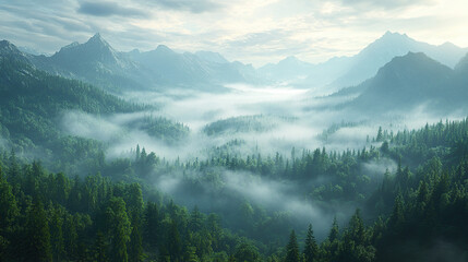 Obraz premium A wide shot of the valley from high up, with misty mountains in the background, green trees