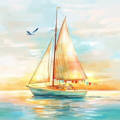 Fototapeta premium Serene Sailing Scene at Sunset with Colorful Sailboat
