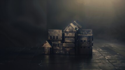 Dark Moody Miniature Model Houses in Atmospheric Lighting