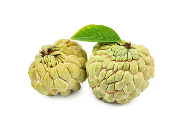 Fototapeta premium Sugar apple fruits, fresh custard apple and green leaves with clipping path isolated on white background.