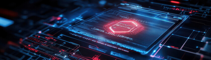 Abstract digital background with red hexagon on blue circuit board.