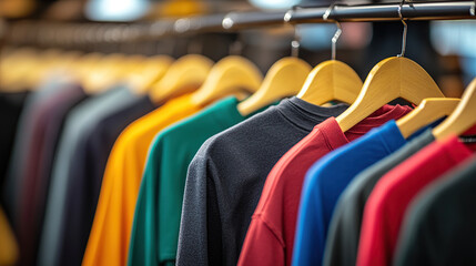 Close-up of colorful t-shirts hanging on wooden hangers in the section of an online store, with a blurred background