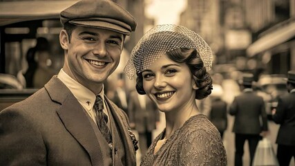 A joyful couple dressed in vintage attire poses together on a city street during the 1920s