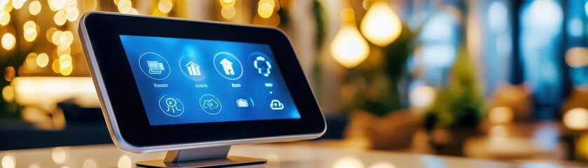 Fototapeta premium Smart home automation control panel with icons on a tablet screen.