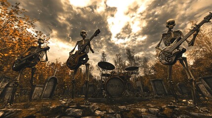 Fototapeta premium Skeleton Band Rocks the Graveyard: 3D Animation