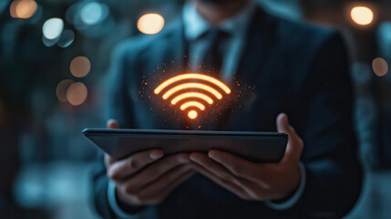 A Businessman In A Suit With His Hands Open, Palms Facing Upward. Holding Glowing Shield With A Wifi Icon, Emitting A Blue Soft Light With A Blue Futuristic Glow