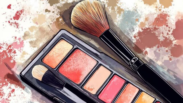 A vibrant makeup palette and brush arrangement on a colorful artistic background